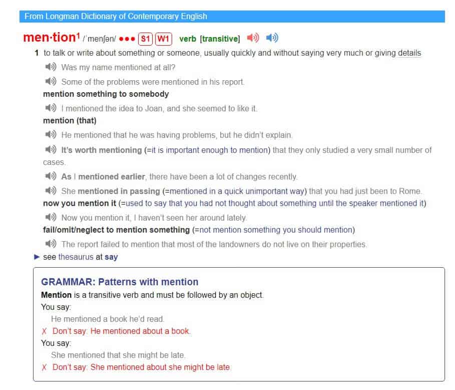 Longman word mention collocations and grammar information