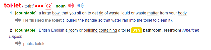 toilet Longman dictionary explanation two meanings
