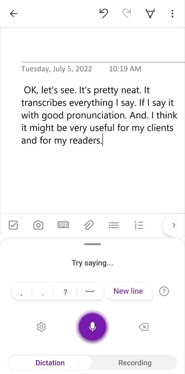 Onenote dictation on mobile screenshot