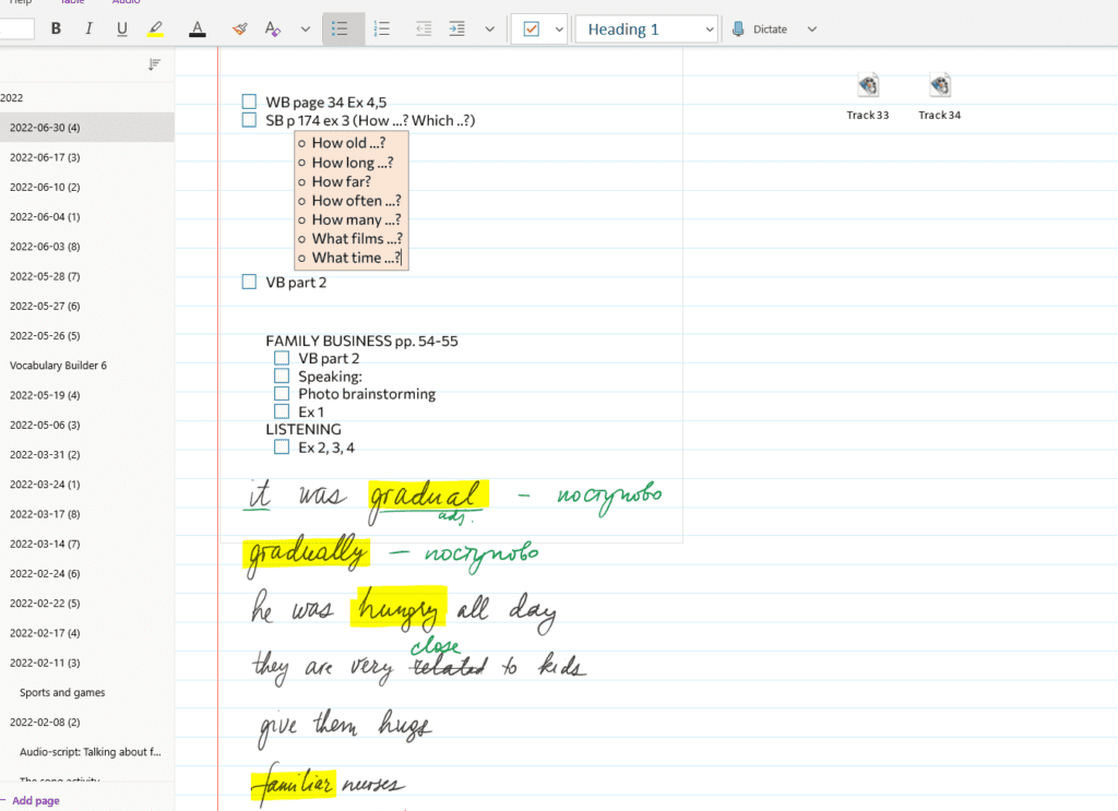 Onenote English lesson notes shared notebook