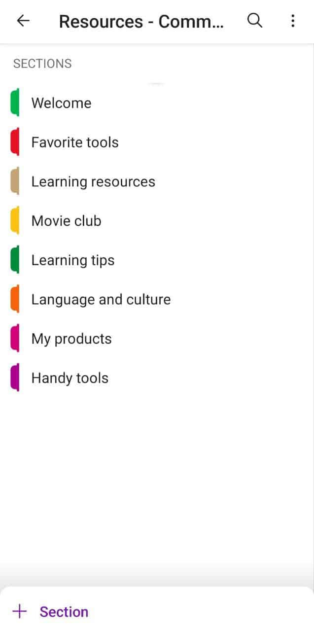 Onenote sections on mobile
