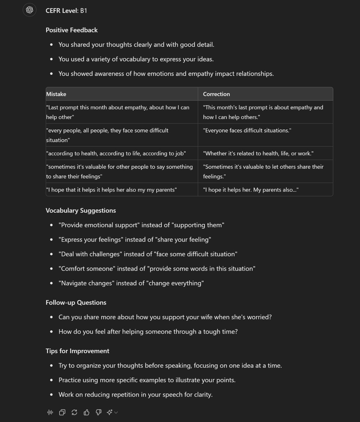 ChatGPT prompt for language feedback: Improve your speaking on your own